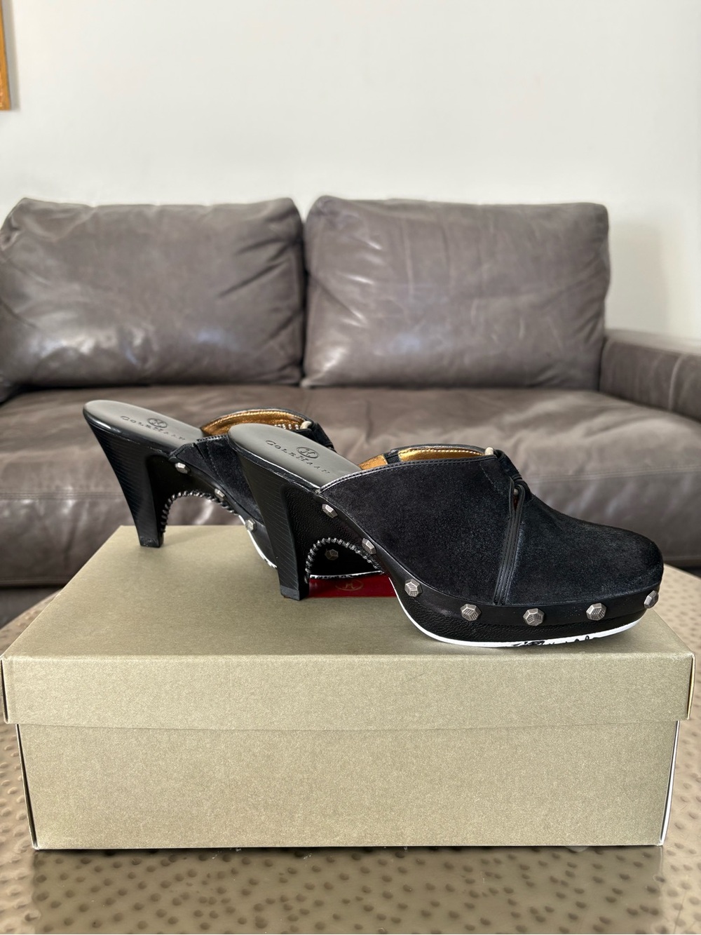 Cole Haan Kenna Suede Clog Mule Heels Black Studded Size 6 B New in Box Y2K